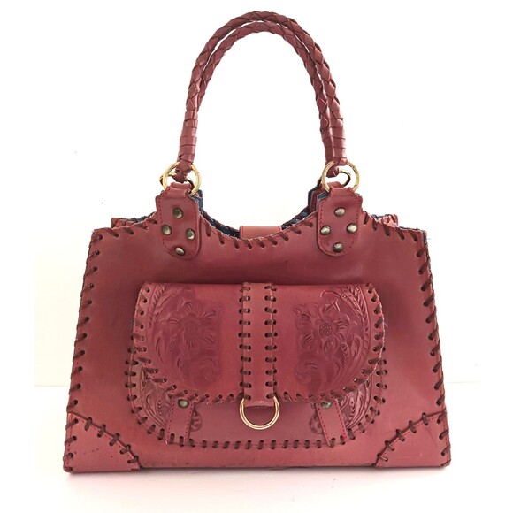 T Bags Los Angeles Handcrafted Tooled Brown Leather Double Top Handle Bag - Picture 1 of 16